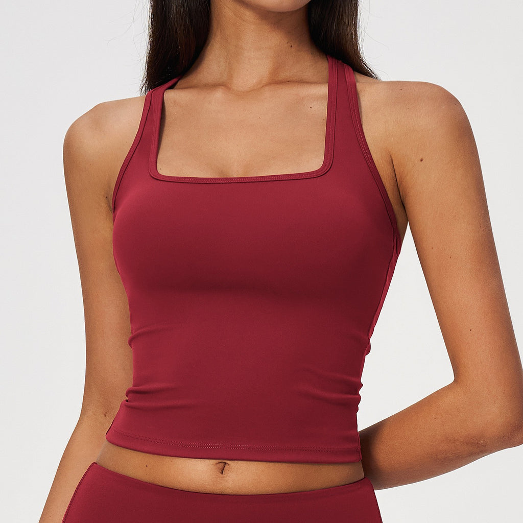 Brushed Square Neck Racerback Cropped Workout Tank - Cherry Red