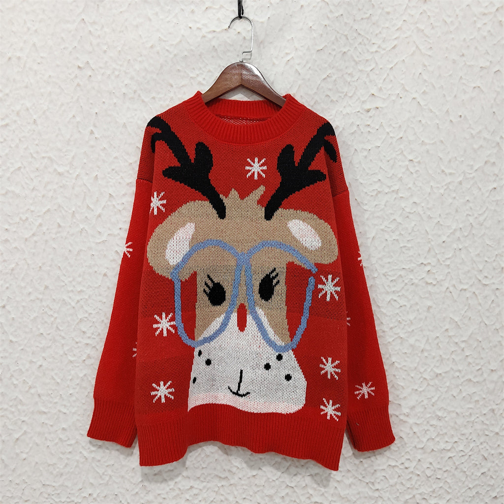 Deer In Glasses Novelty Knit Sweater - Red