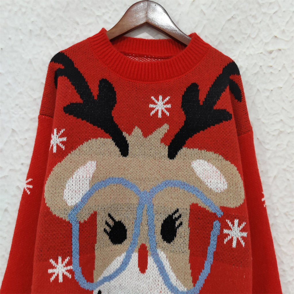 Deer In Glasses Novelty Knit Sweater - Red - 1