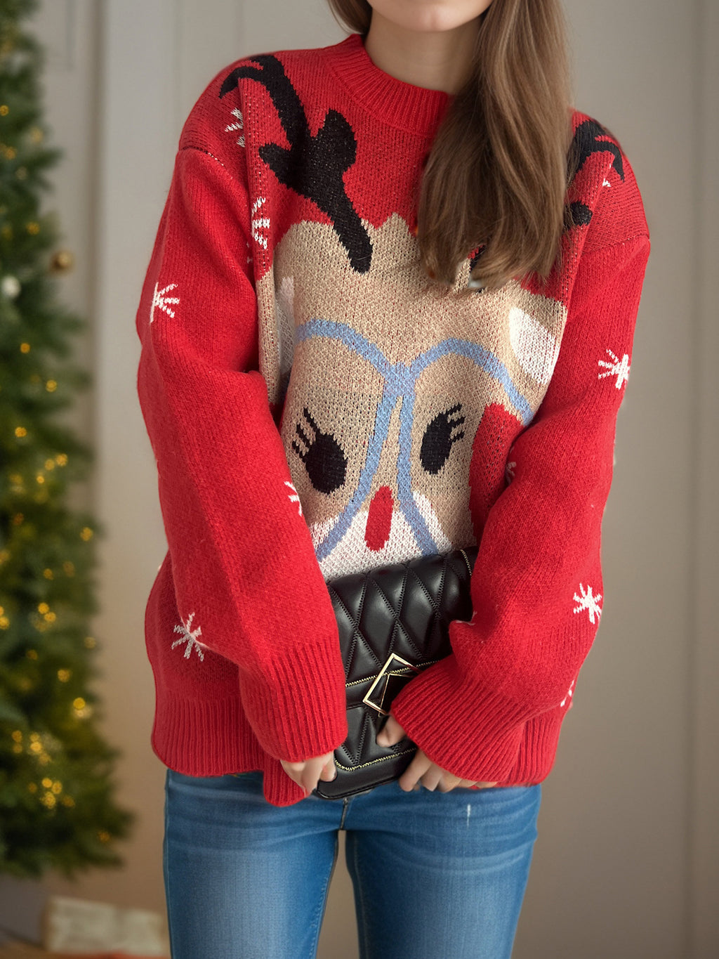 Deer In Glasses Novelty Knit Sweater - Red - 4