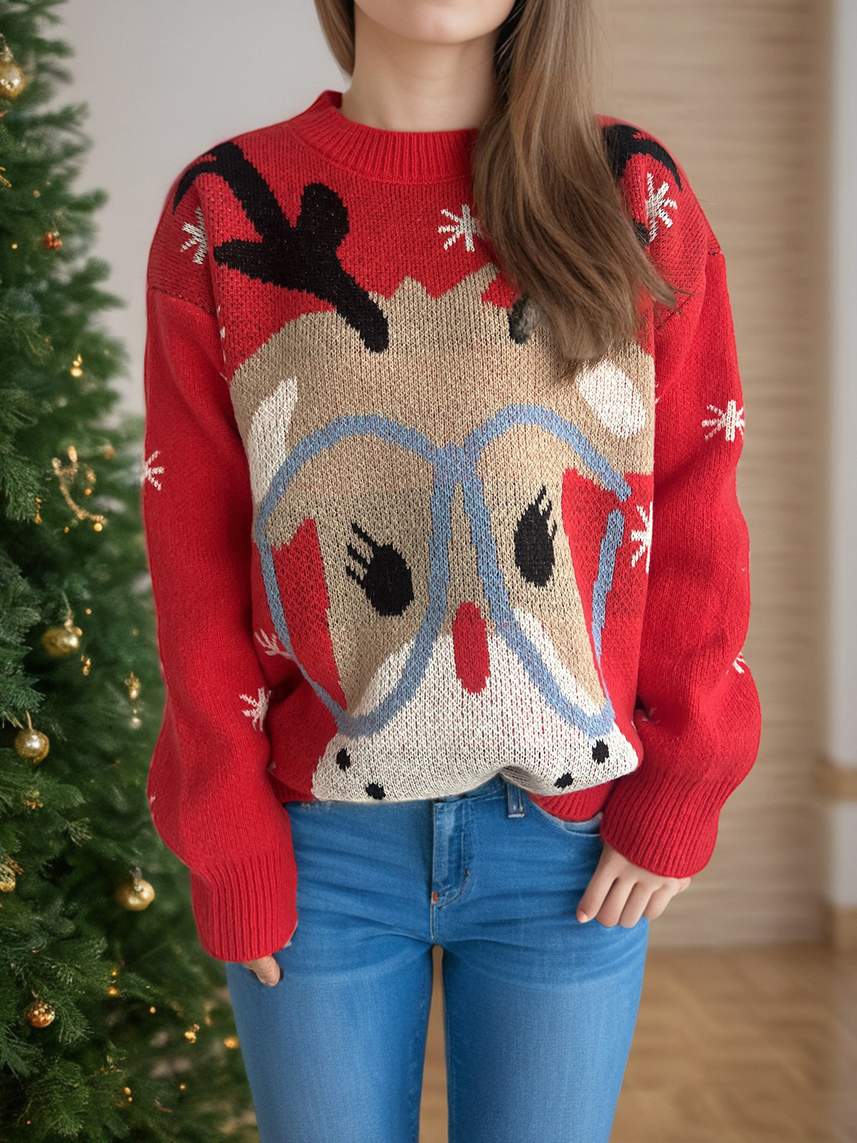 Deer In Glasses Novelty Knit Sweater - Red - 5
