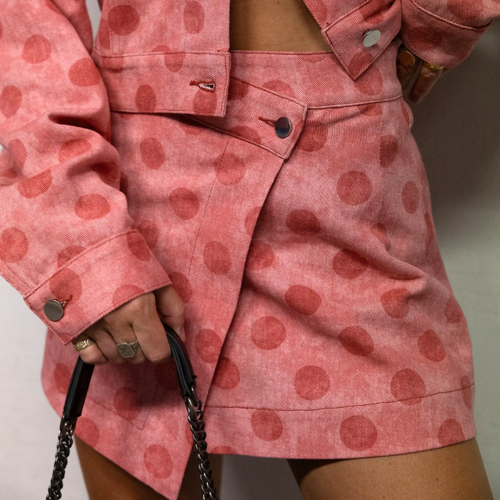 Polka Dot Wrap Front Denim Mini Skirt - Pink