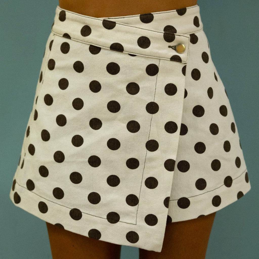 Polka Dot Wrap Front Denim Mini Skirt - White