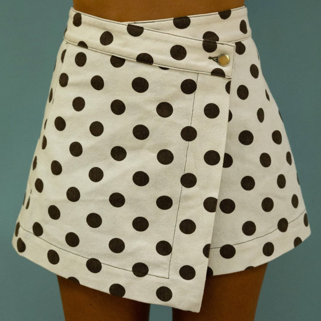 Polka Dot Wrap Front Denim Mini Skirt - White