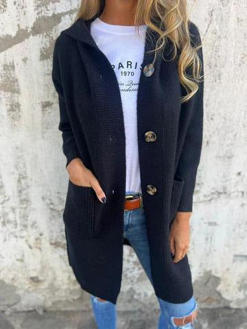Longline Hooded Knit Cardigan With Pockets - Black