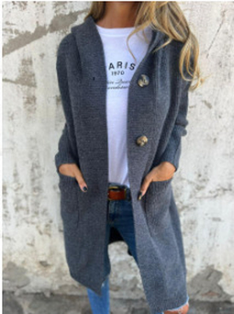 Longline Hooded Knit Cardigan With Pockets - DarkGrey