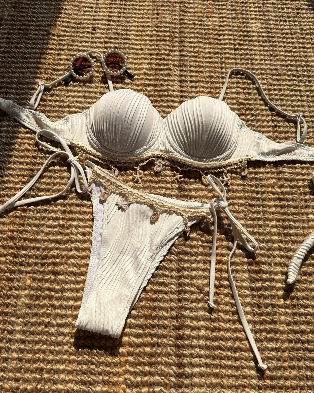Shell Charm Trim Ribbed Bikini Set - White