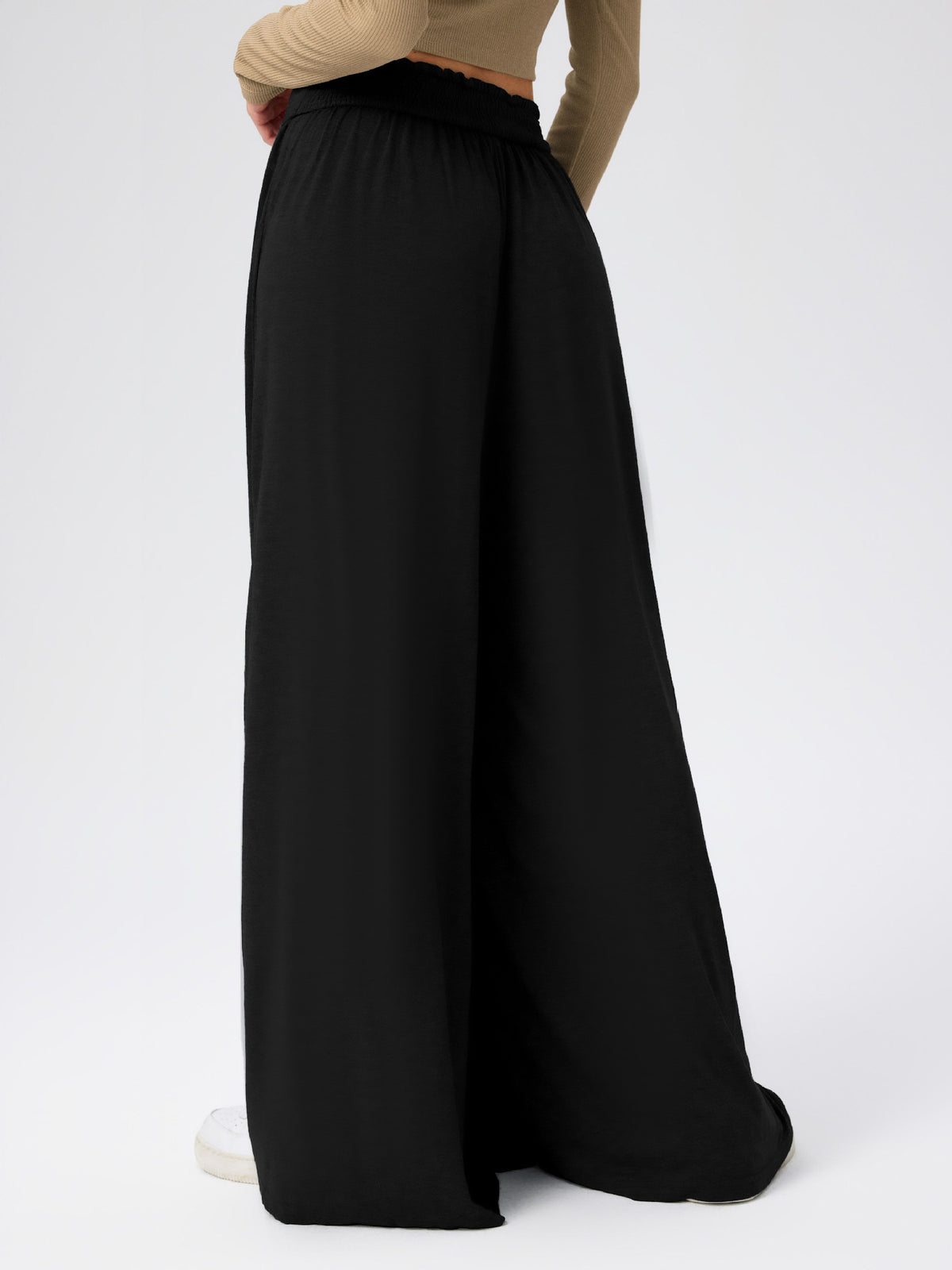 Flowy Palazzo Pants With Smocked Waist - Black - 2