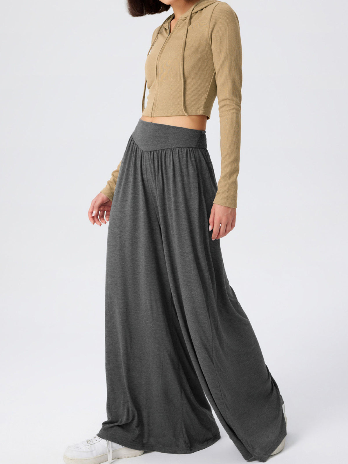 Flowy Palazzo Pants With Smocked Waist - DarkGray - 1
