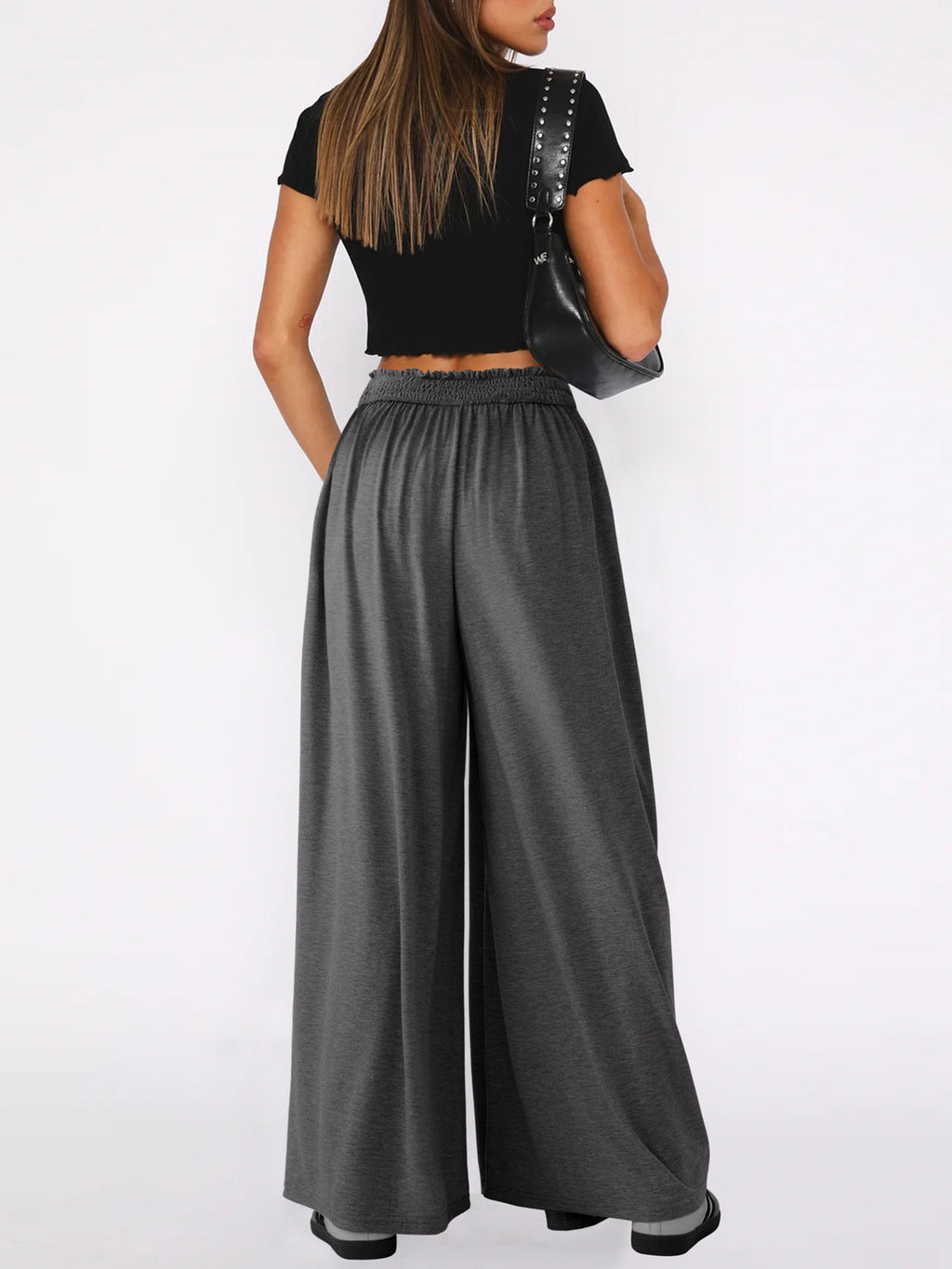 Flowy Palazzo Pants With Smocked Waist - DarkGray - 2
