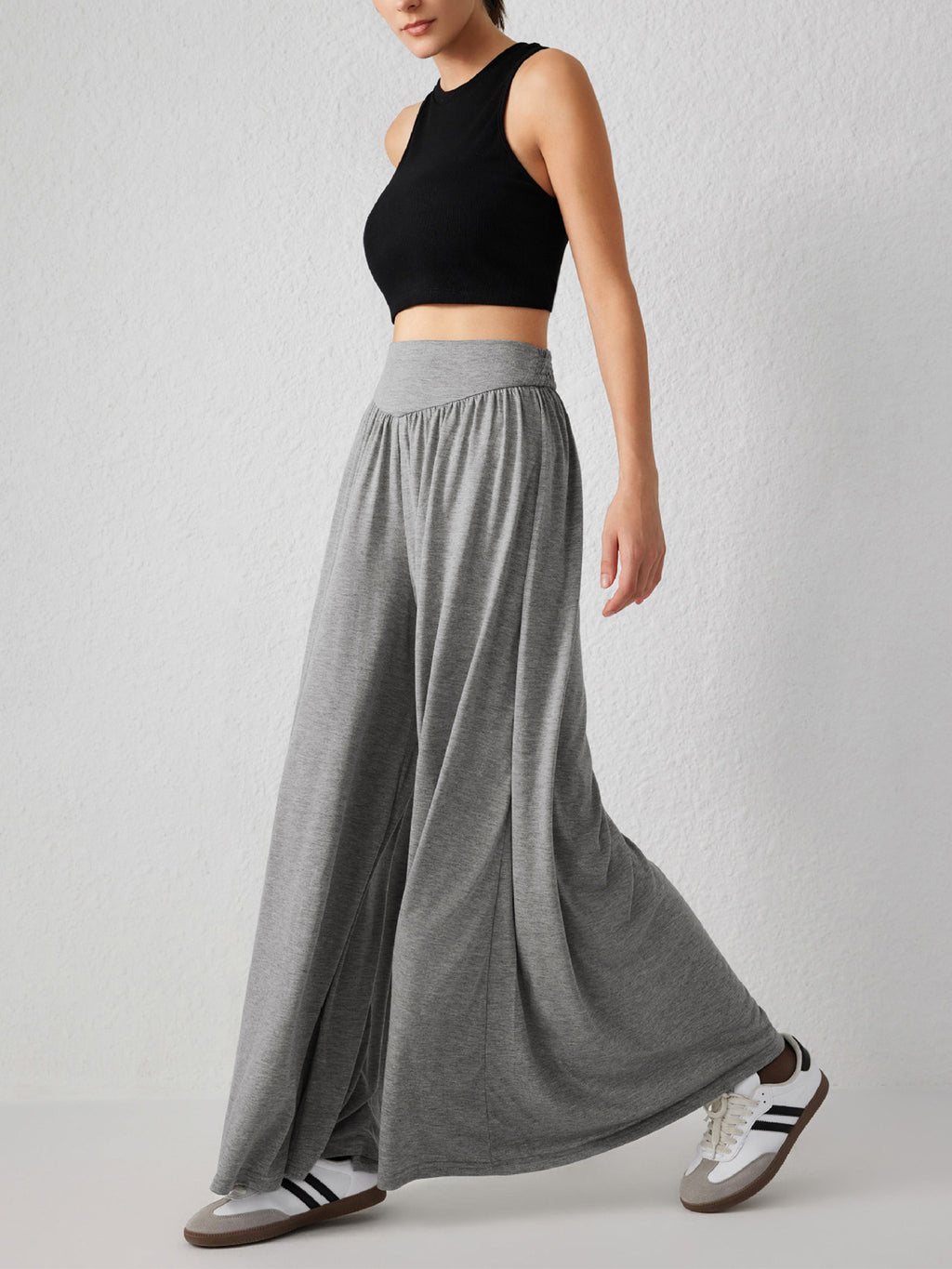 Flowy Palazzo Pants With Smocked Waist - Gray - 1