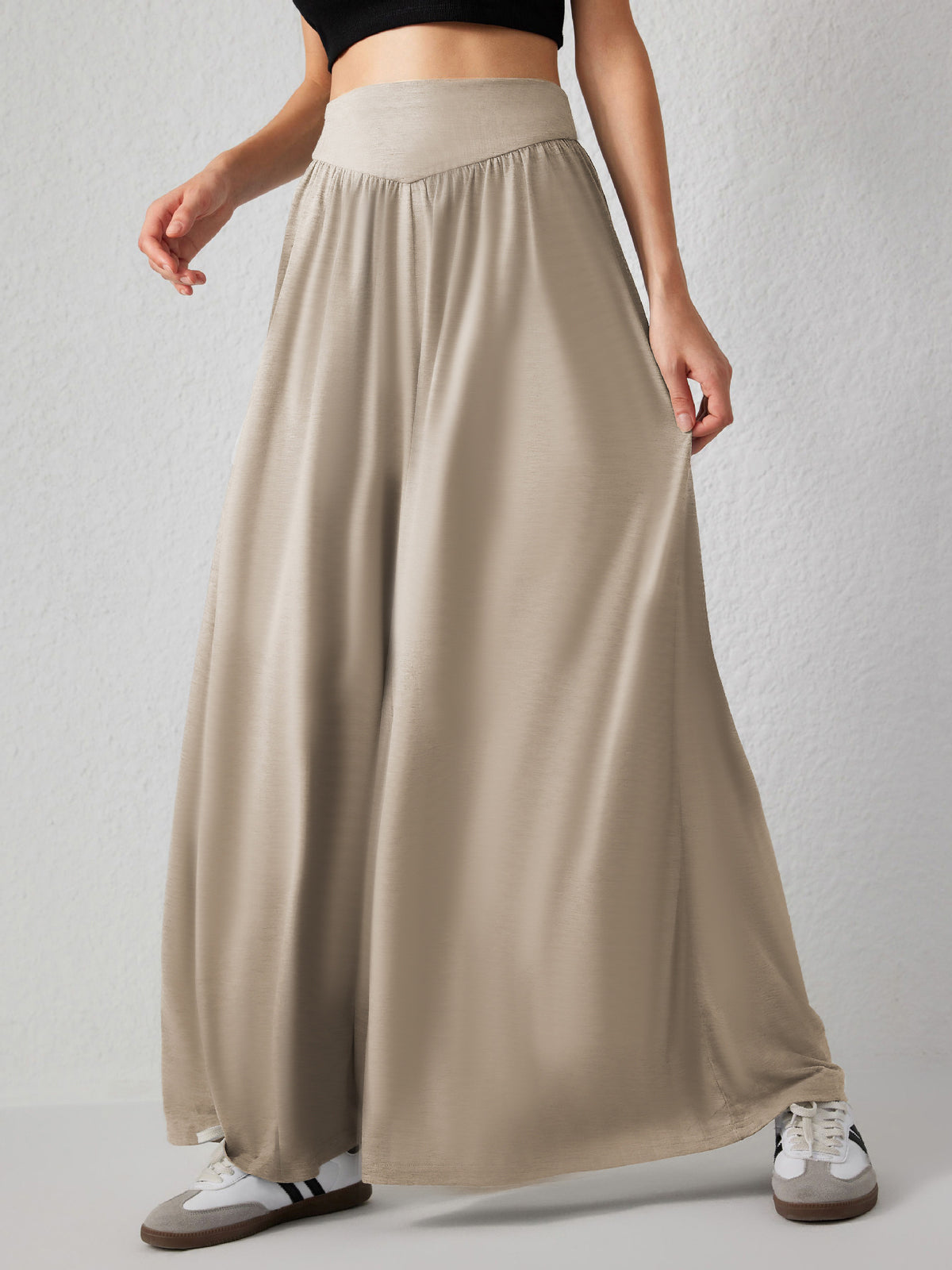 Flowy Palazzo Pants With Smocked Waist - Khaki