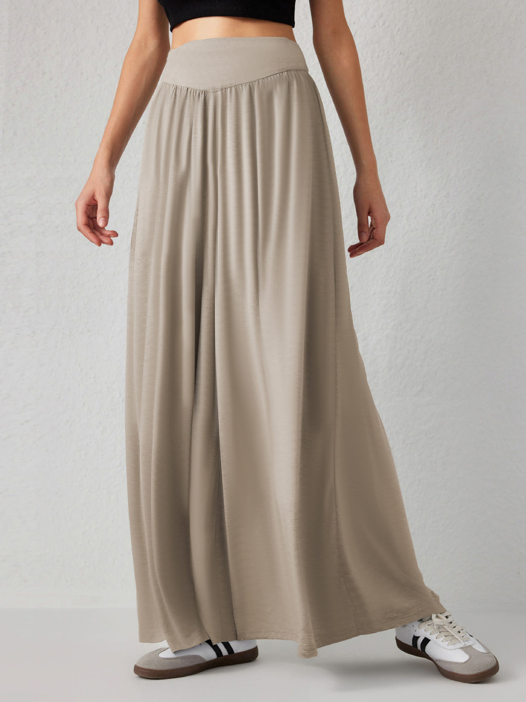 Flowy Palazzo Pants With Smocked Waist - Khaki - 1