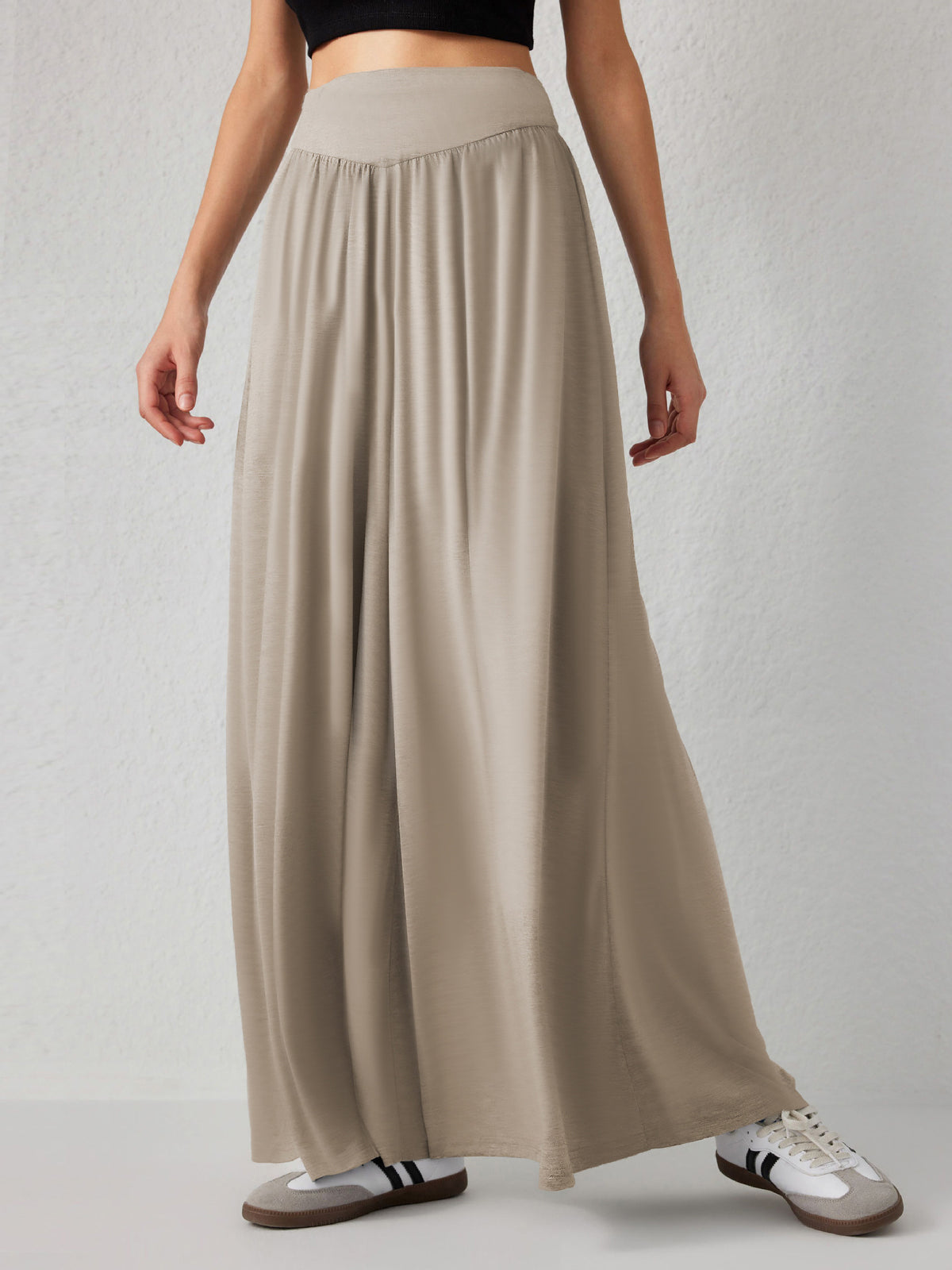 Flowy Palazzo Pants With Smocked Waist - Khaki - 1