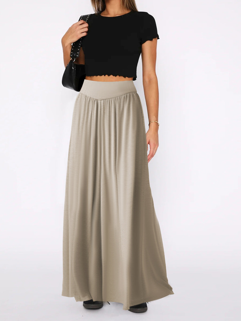 Flowy Palazzo Pants With Smocked Waist - Khaki - 2