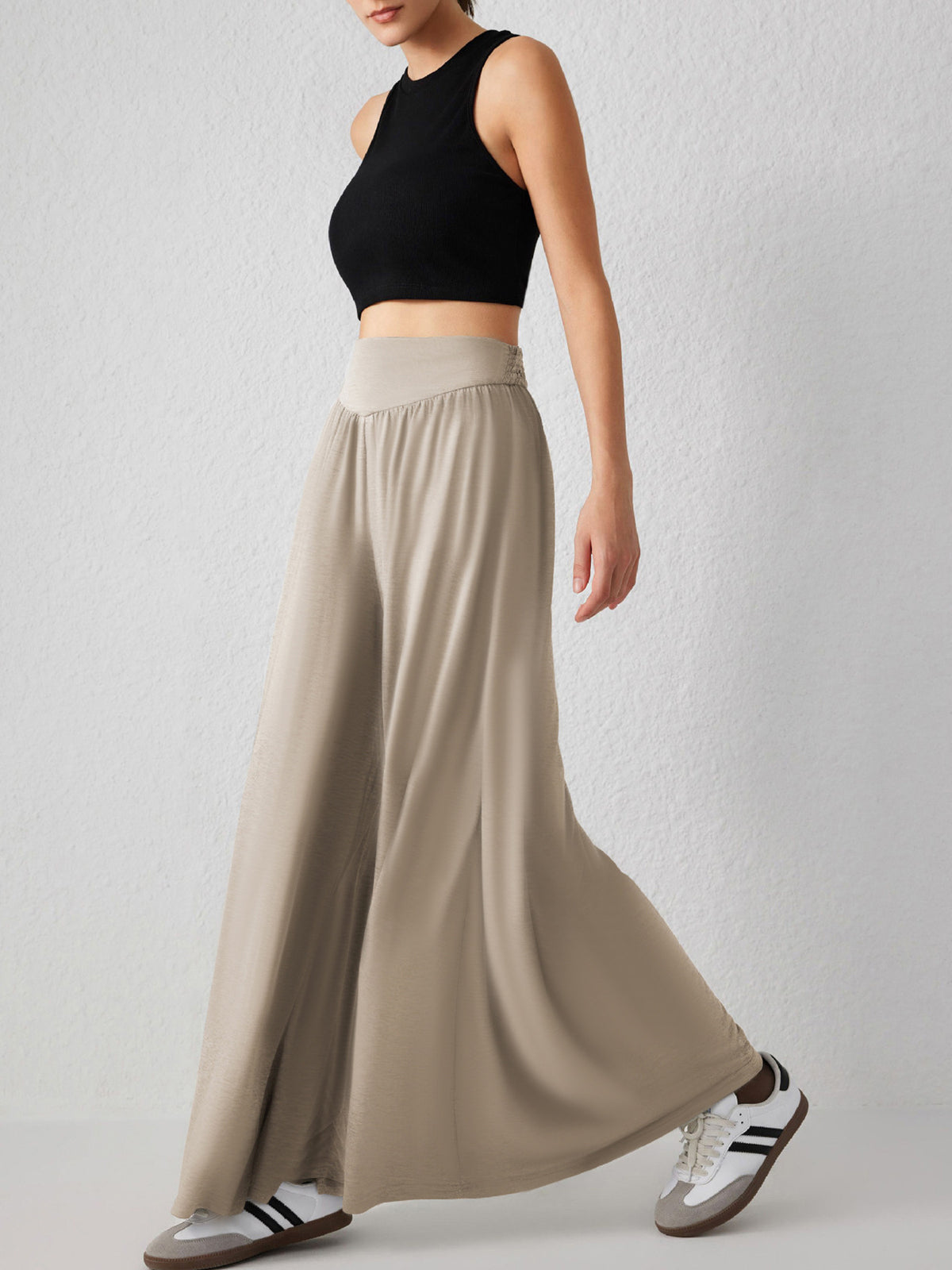 Flowy Palazzo Pants With Smocked Waist - Khaki - 3