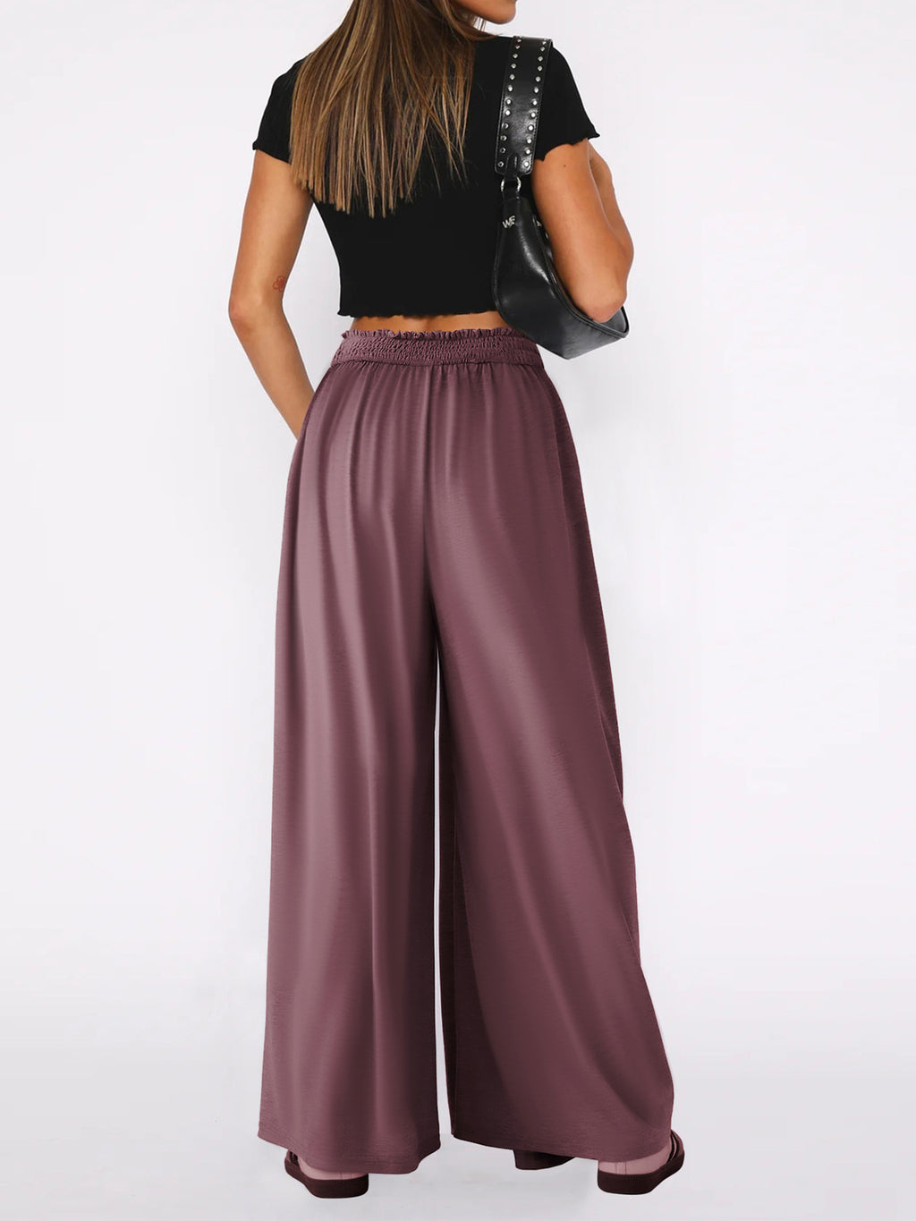 Flowy Palazzo Pants With Smocked Waist - Purple - 3