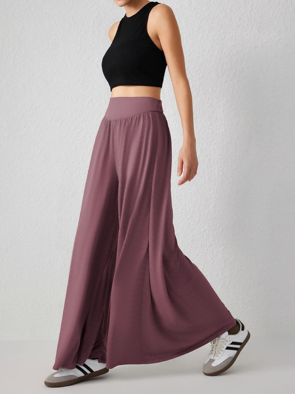 Flowy Palazzo Pants With Smocked Waist - Purple - 4