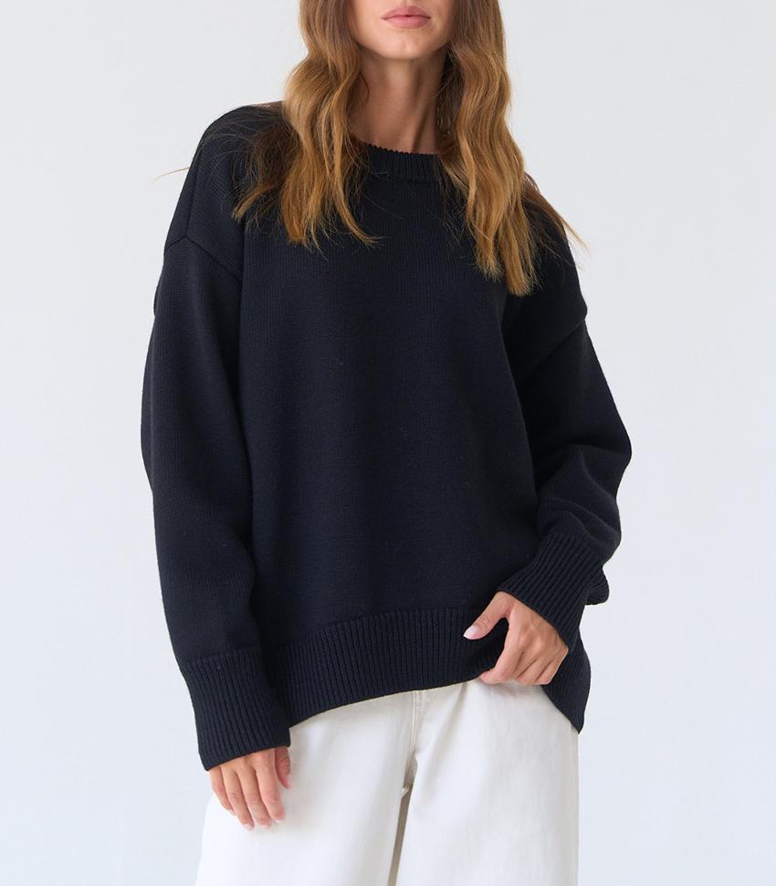 Slouchy Round Neck Oversized Knit Jumper - Black - 1