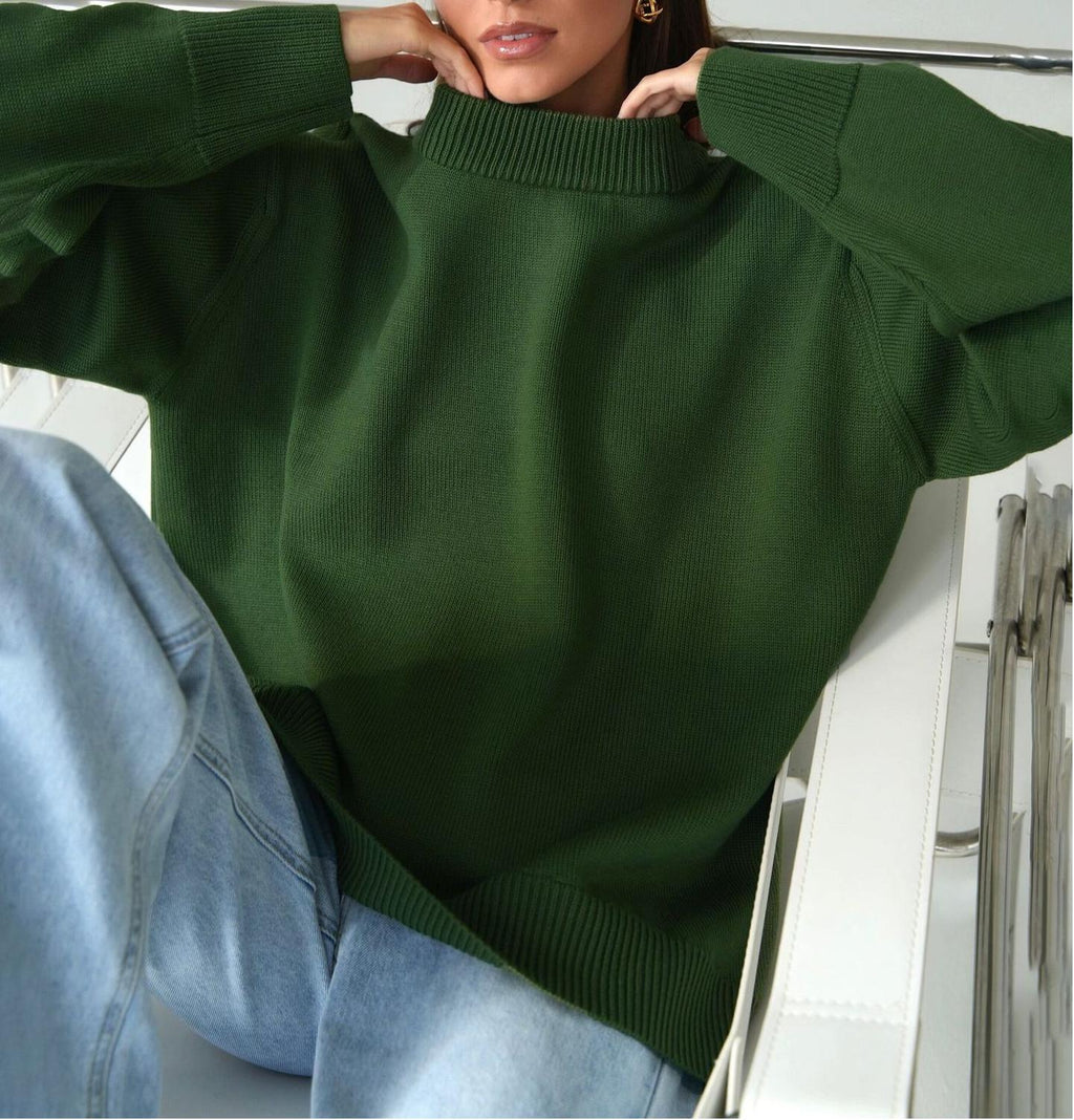 Slouchy Round Neck Oversized Knit Jumper - DarkGreen