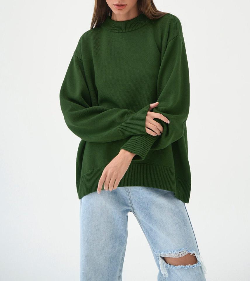 Slouchy Round Neck Oversized Knit Jumper - DarkGreen - 1