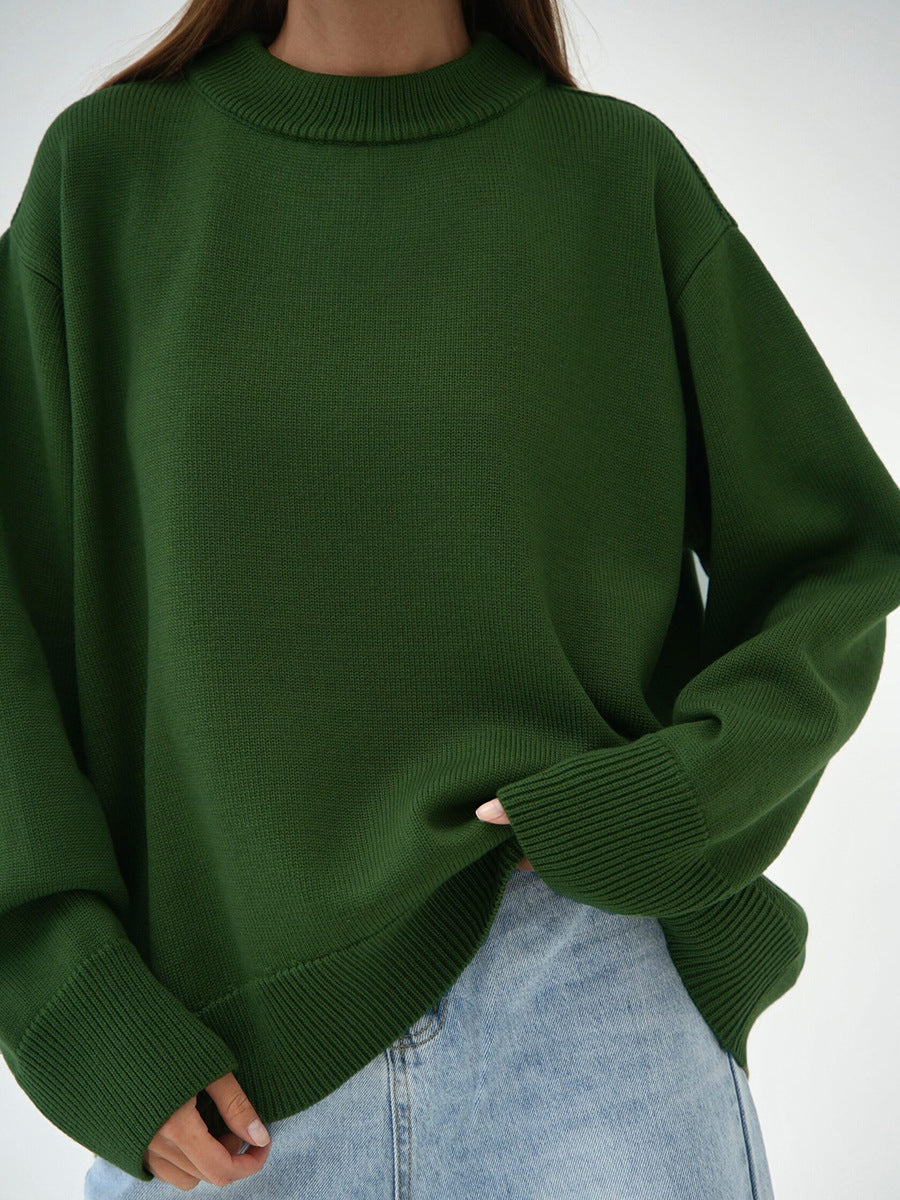 Slouchy Round Neck Oversized Knit Jumper - DarkGreen - 2