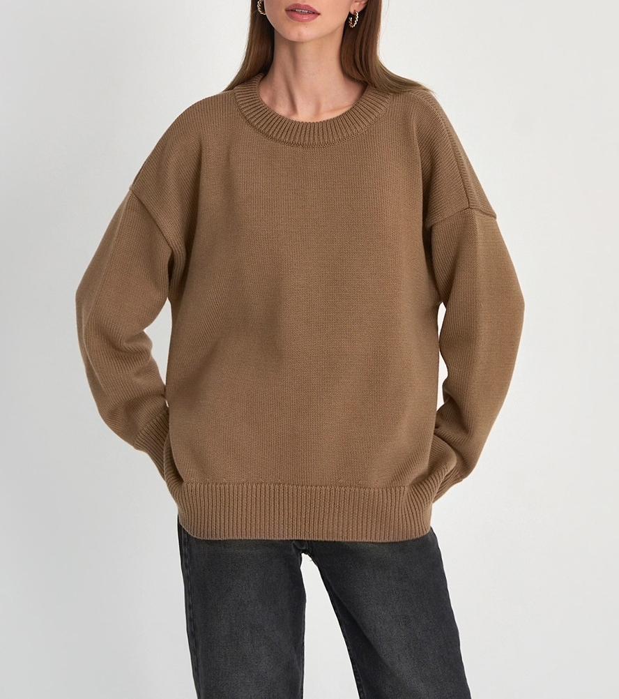 Slouchy Round Neck Oversized Knit Jumper - Darkbrown