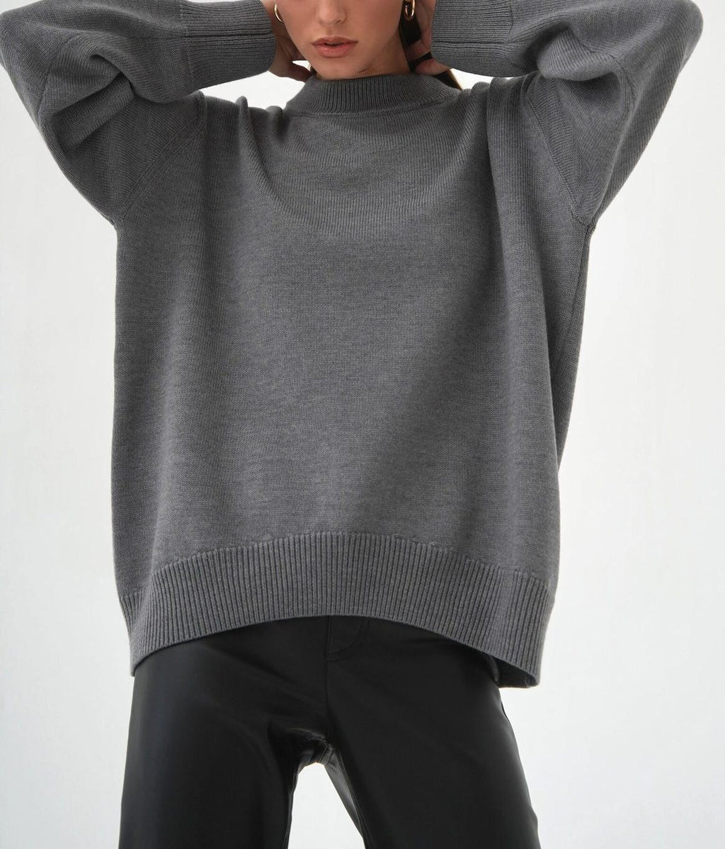 Slouchy Round Neck Oversized Knit Jumper - Grey
