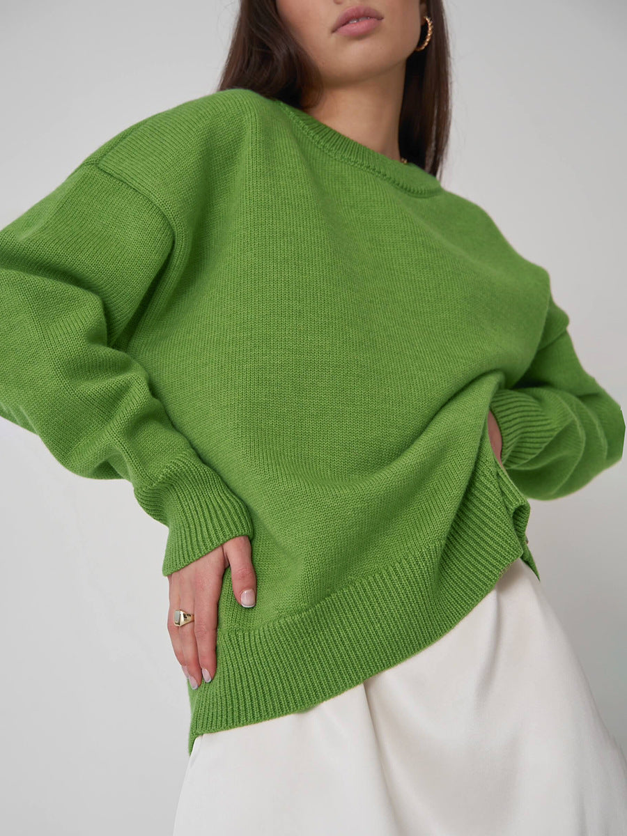 Slouchy Round Neck Oversized Knit Jumper - Lightgreen - 1