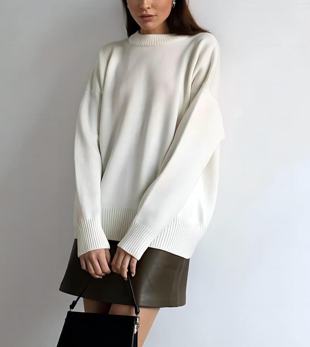Slouchy Round Neck Oversized Knit Jumper - White