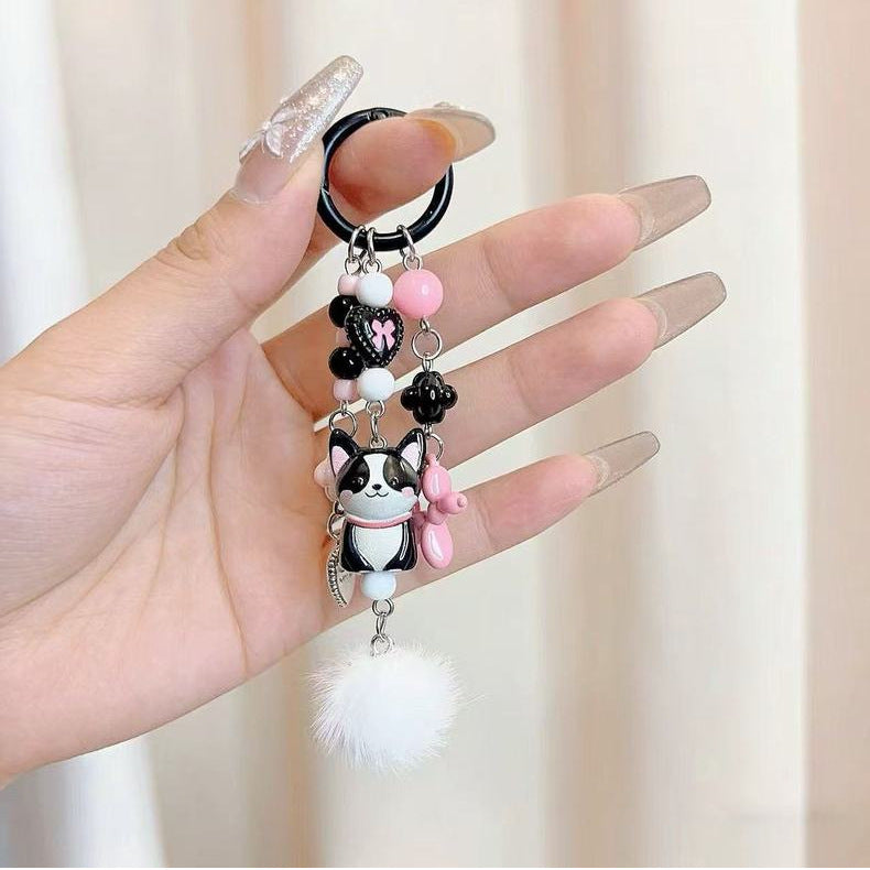 Beaded Puppy Charm Keychain With Fur Pom - Corgi