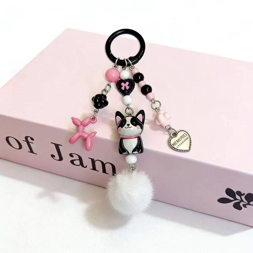 Beaded Puppy Charm Keychain With Fur Pom - Corgi - 1