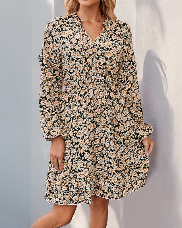 Ditsy Floral Long Sleeve Tiered Mini Dress - Black - 1