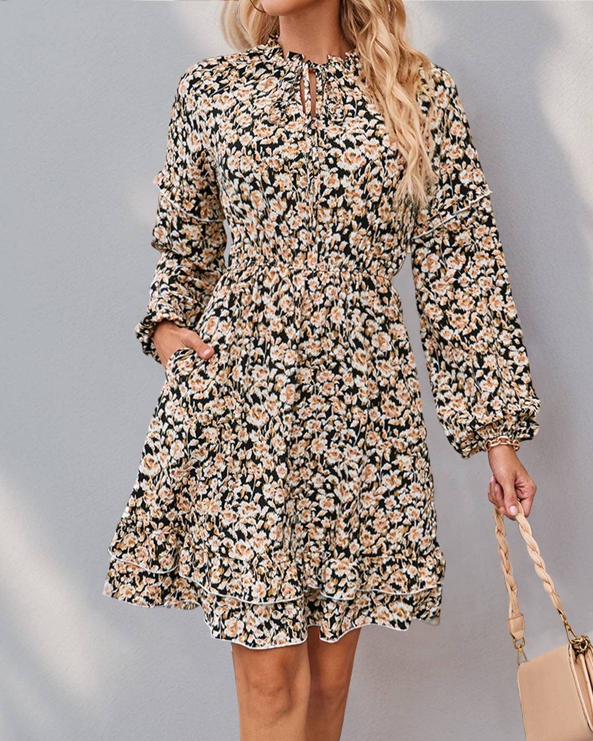 Ditsy Floral Long Sleeve Tiered Mini Dress