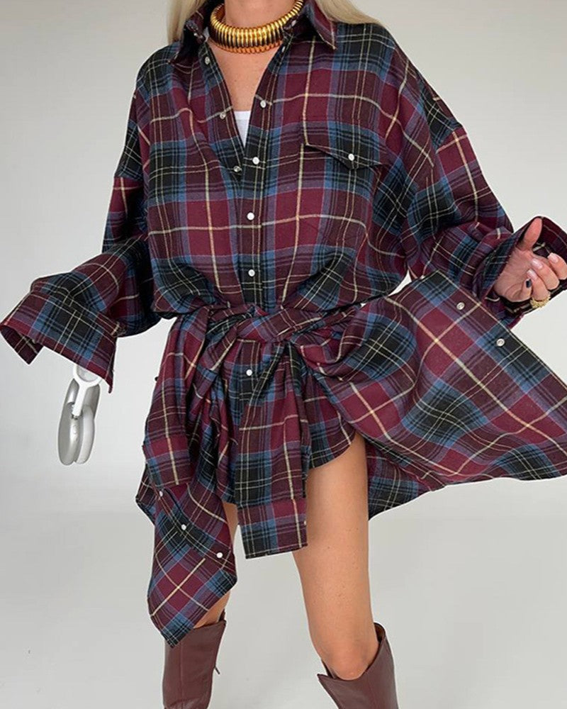 Oversized Vintage Plaid Button Down Shirt - Red