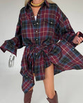 Oversized Vintage Plaid Button Down Shirt - Red