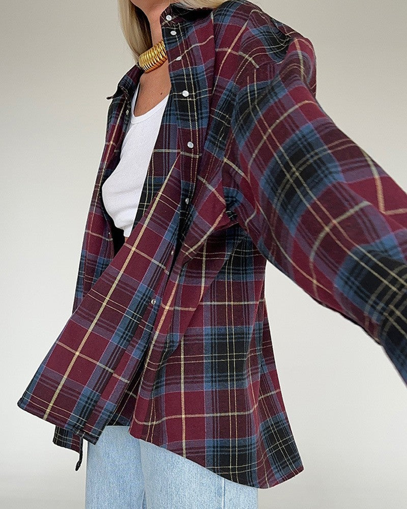 Oversized Vintage Plaid Button Down Shirt - Red - 1