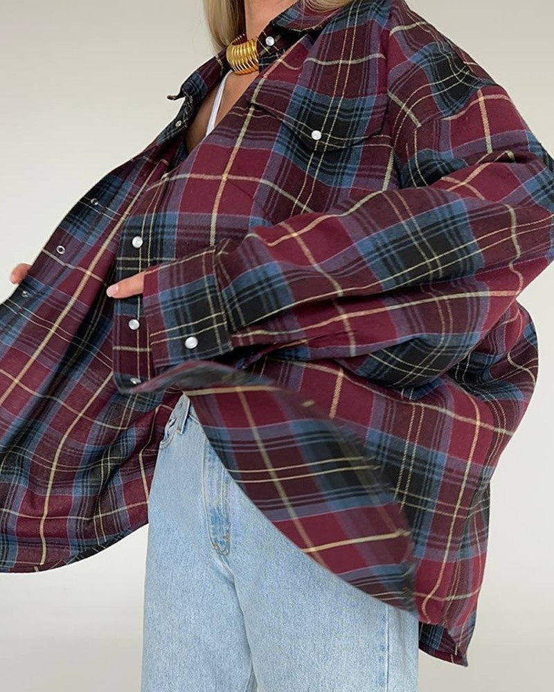 Oversized Vintage Plaid Button Down Shirt - Red - 2