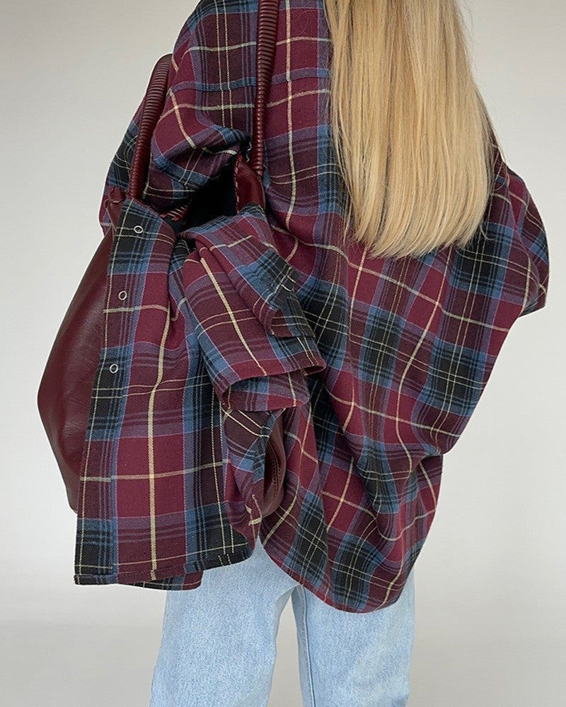 Oversized Vintage Plaid Button Down Shirt - Red - 3