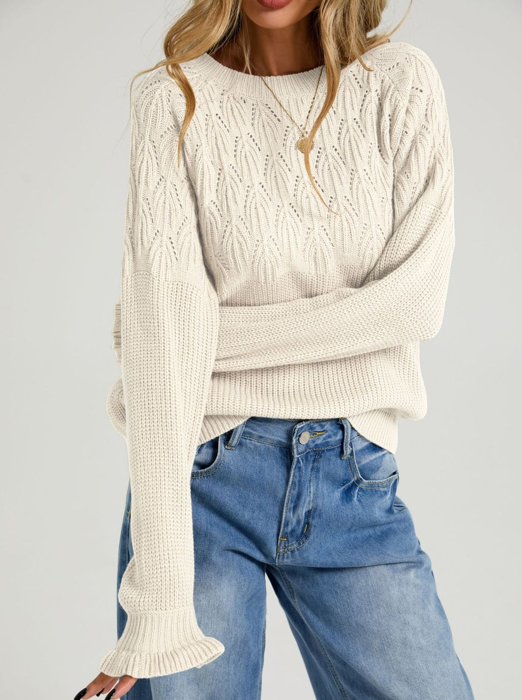 Pointelle Knit Sweater With Ruffled Cuffs - Apricot
