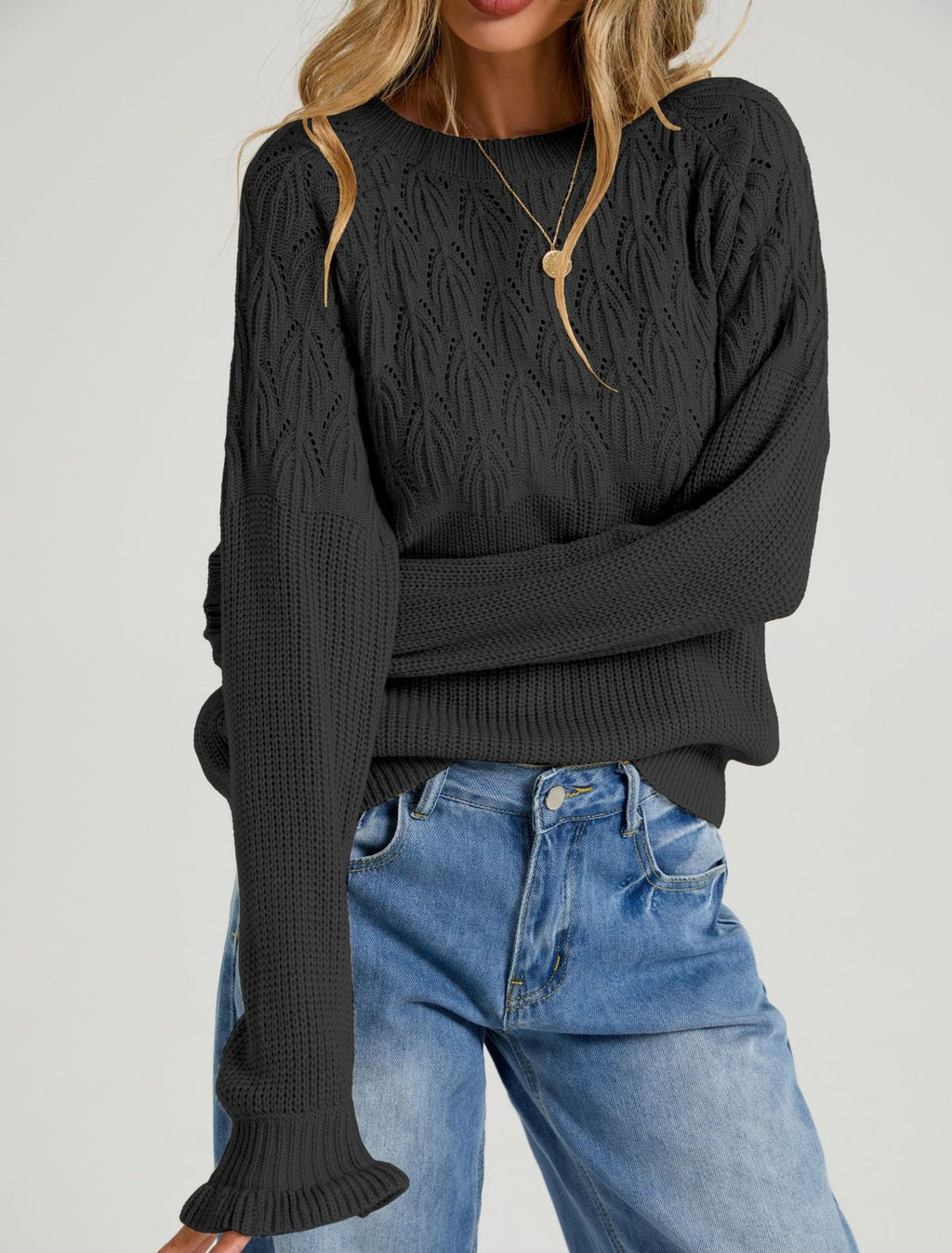 Pointelle Knit Sweater With Ruffled Cuffs - Black