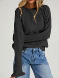 Pointelle Knit Sweater With Ruffled Cuffs - Black