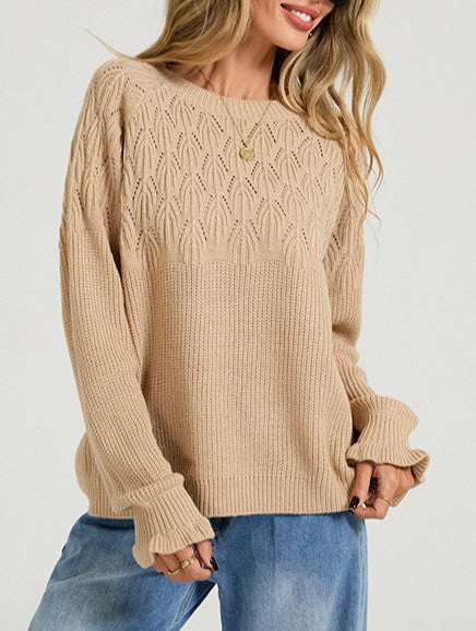 Pointelle Knit Sweater With Ruffled Cuffs - Khaki - 1