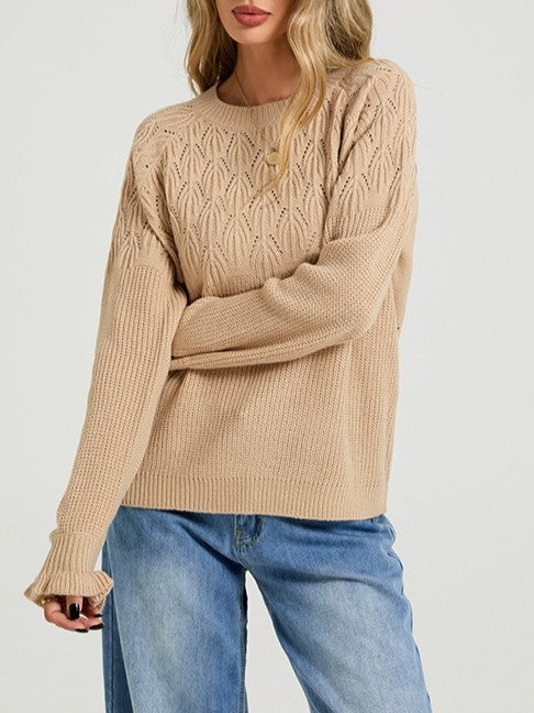 Pointelle Knit Sweater With Ruffled Cuffs - Khaki - 2