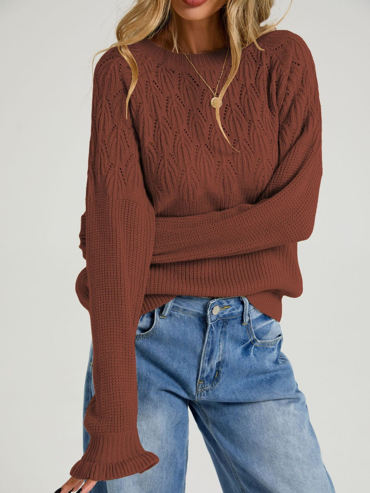 Pointelle Knit Sweater With Ruffled Cuffs - Rustred