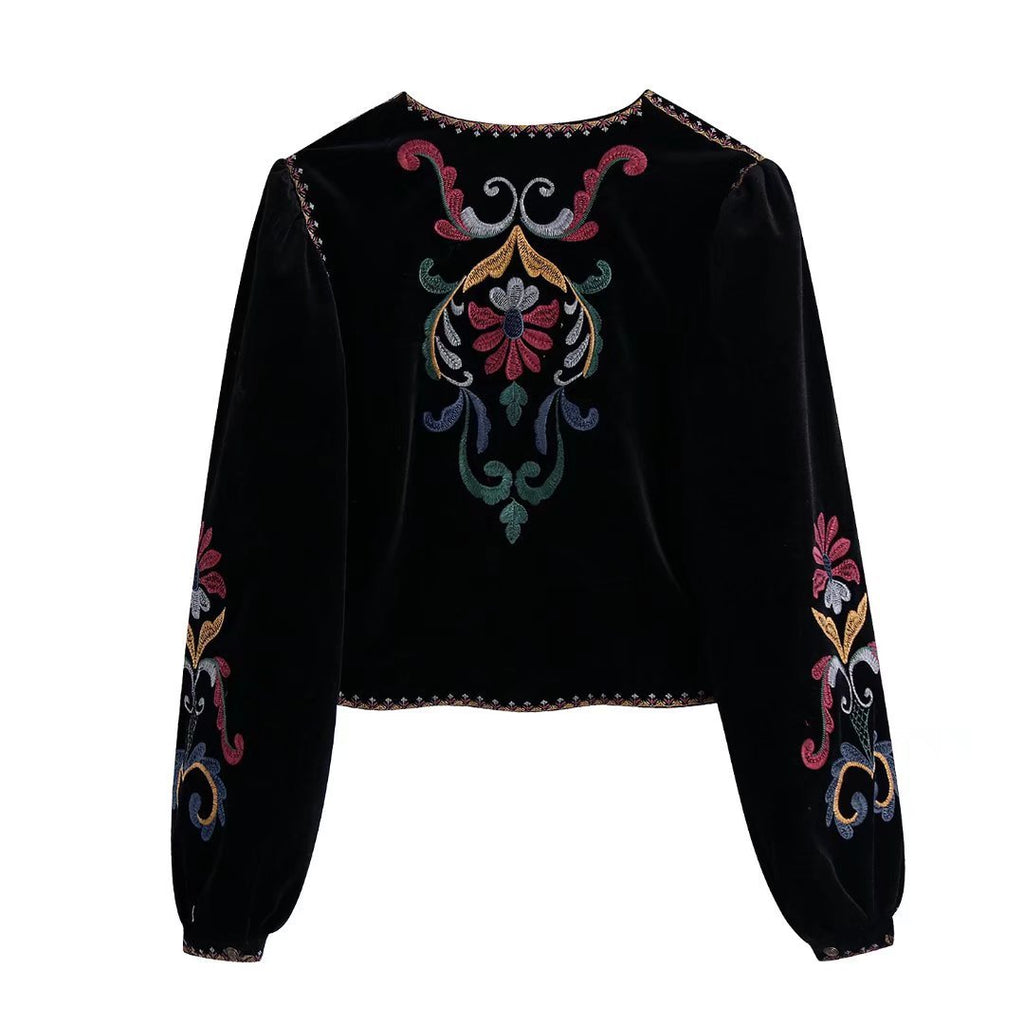 Embroidered Velvet Cropped Open Jacket - Black