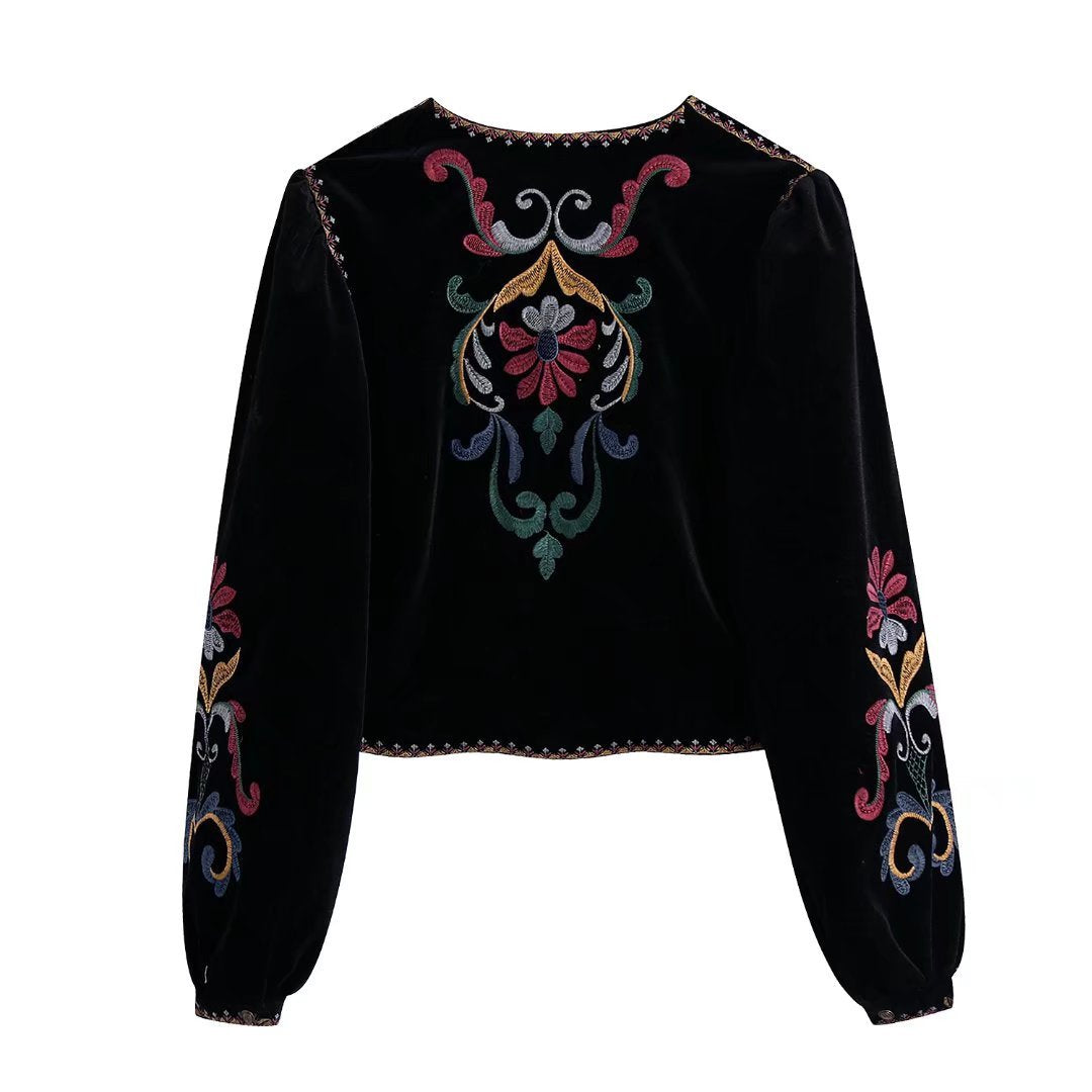 Embroidered Velvet Cropped Open Jacket - Black