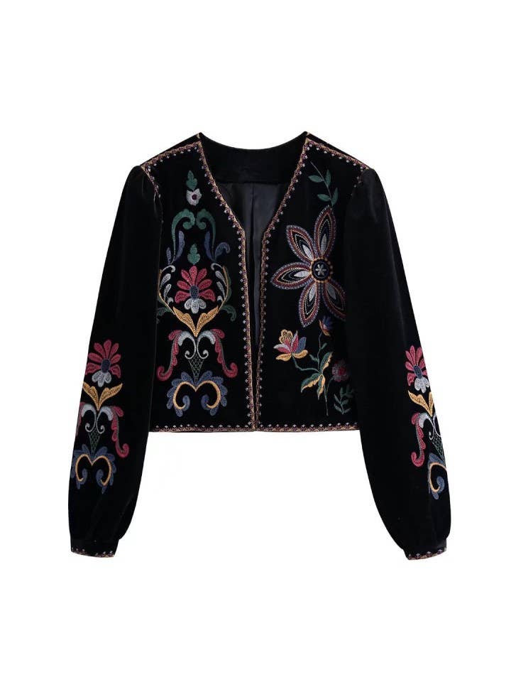 Embroidered Velvet Cropped Open Jacket