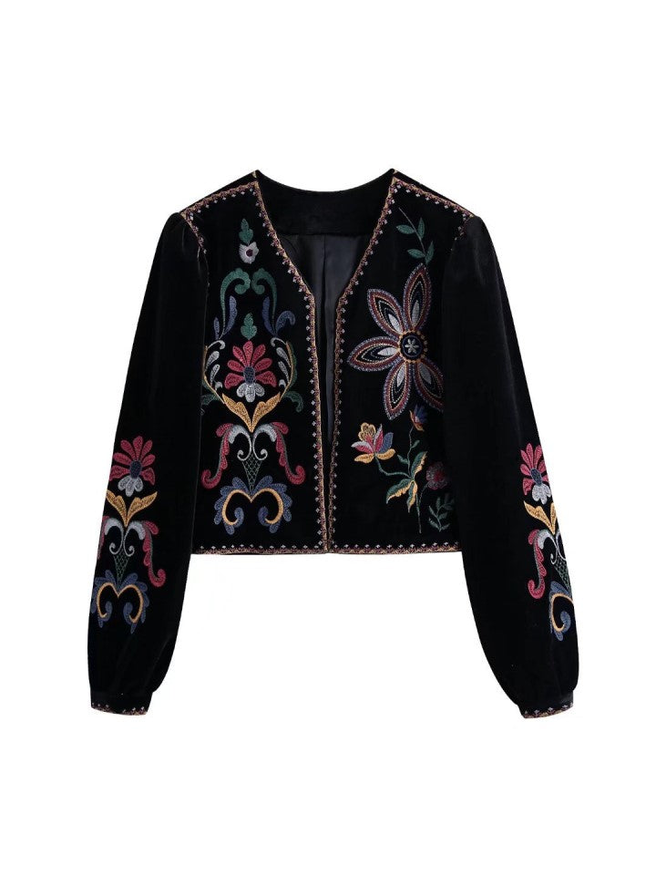 Embroidered Velvet Cropped Open Jacket - view 1