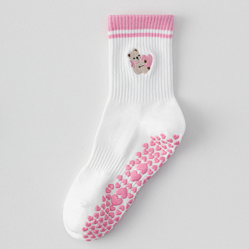 Hugging Bear Embroidered Ribbed Grip Socks - Pink